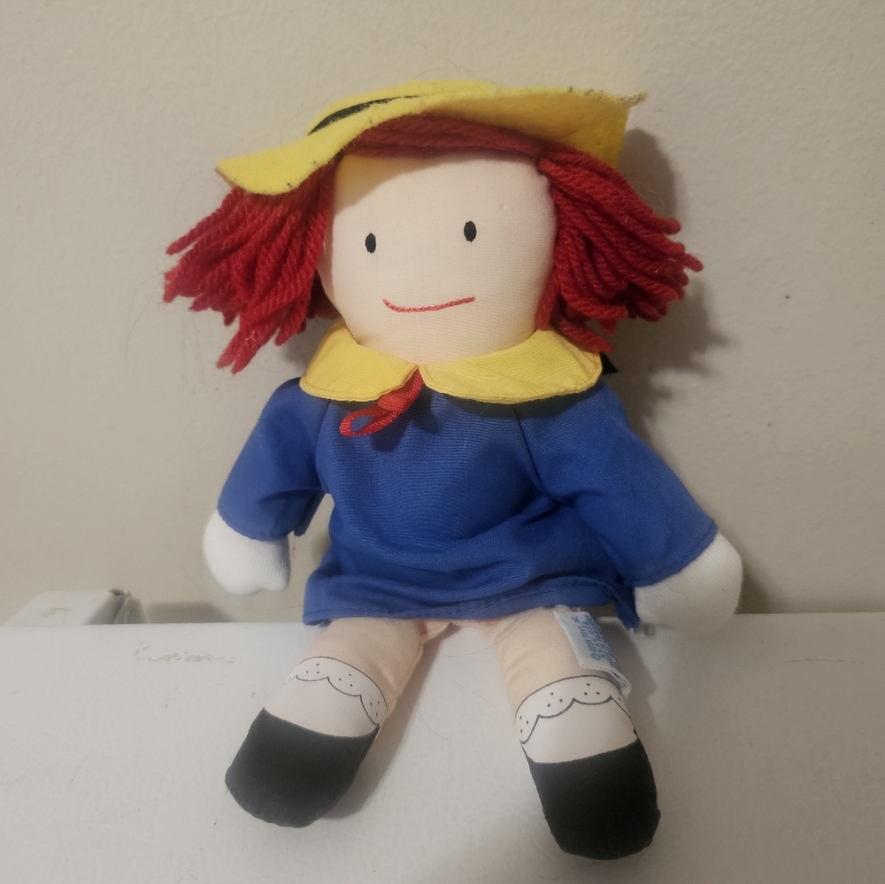 1990 Madeline 10" Doll by Eden Vintage Red Yarn Hair Yellow Felt Hat Blue Dress